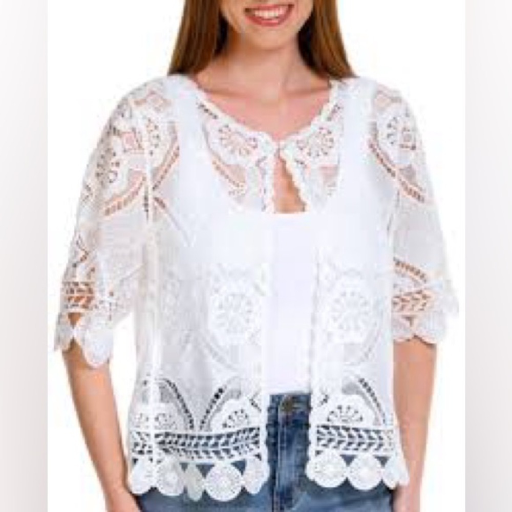 Chris McLaughlin White Crochet Open Front Cardigan XL